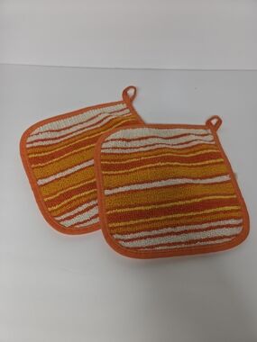 Vintage 70s Cannon Striped Potholders Hot Pads Set of 2 Orange Yellow Terrycloth